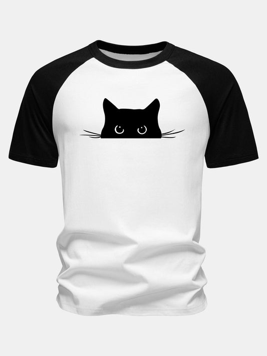 Camiseta de algodão com mangas raglã e estampa de gato preto