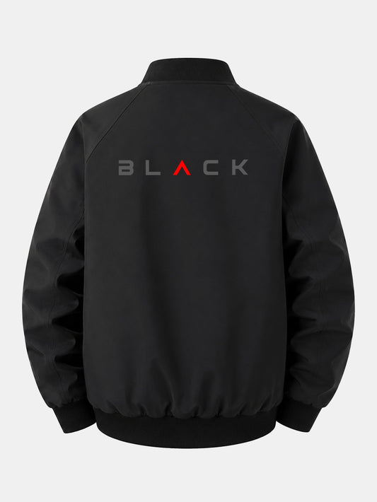 Jaqueta bomber preta estampada, de corte confortável e com zíper