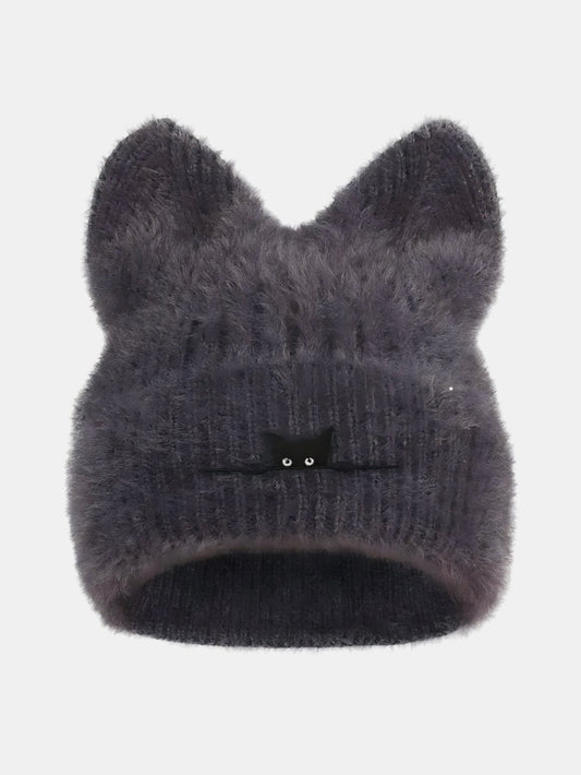 Gorro de pelúcia espessa com orelhas de gato e gato preto bordado
