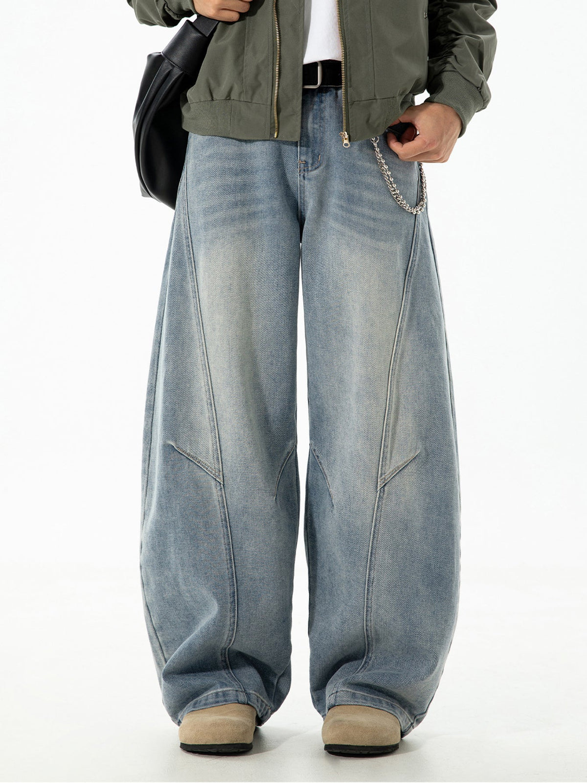 Calça jeans baggy de denim lavado e desgastado