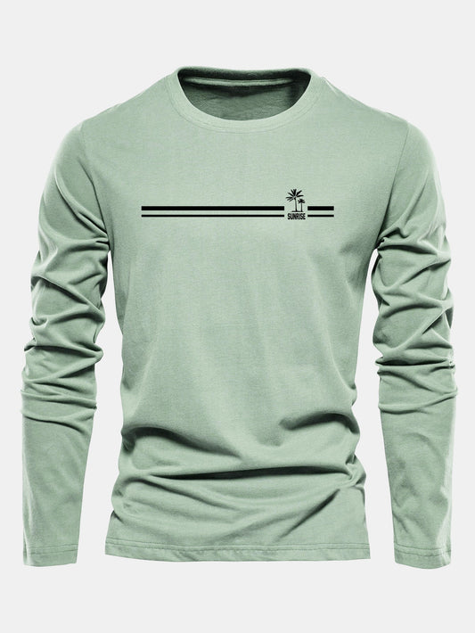 Camiseta de algodão com estampa listrada de palmeiras e mangas longas