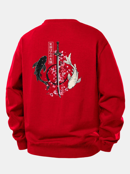 Moletom de modelagem confortável com estampa de samurai japonês, katana, peixe koi e sakura