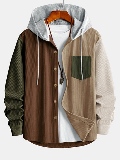 Camisa de veludo cotelê com capuz e blocos de cores