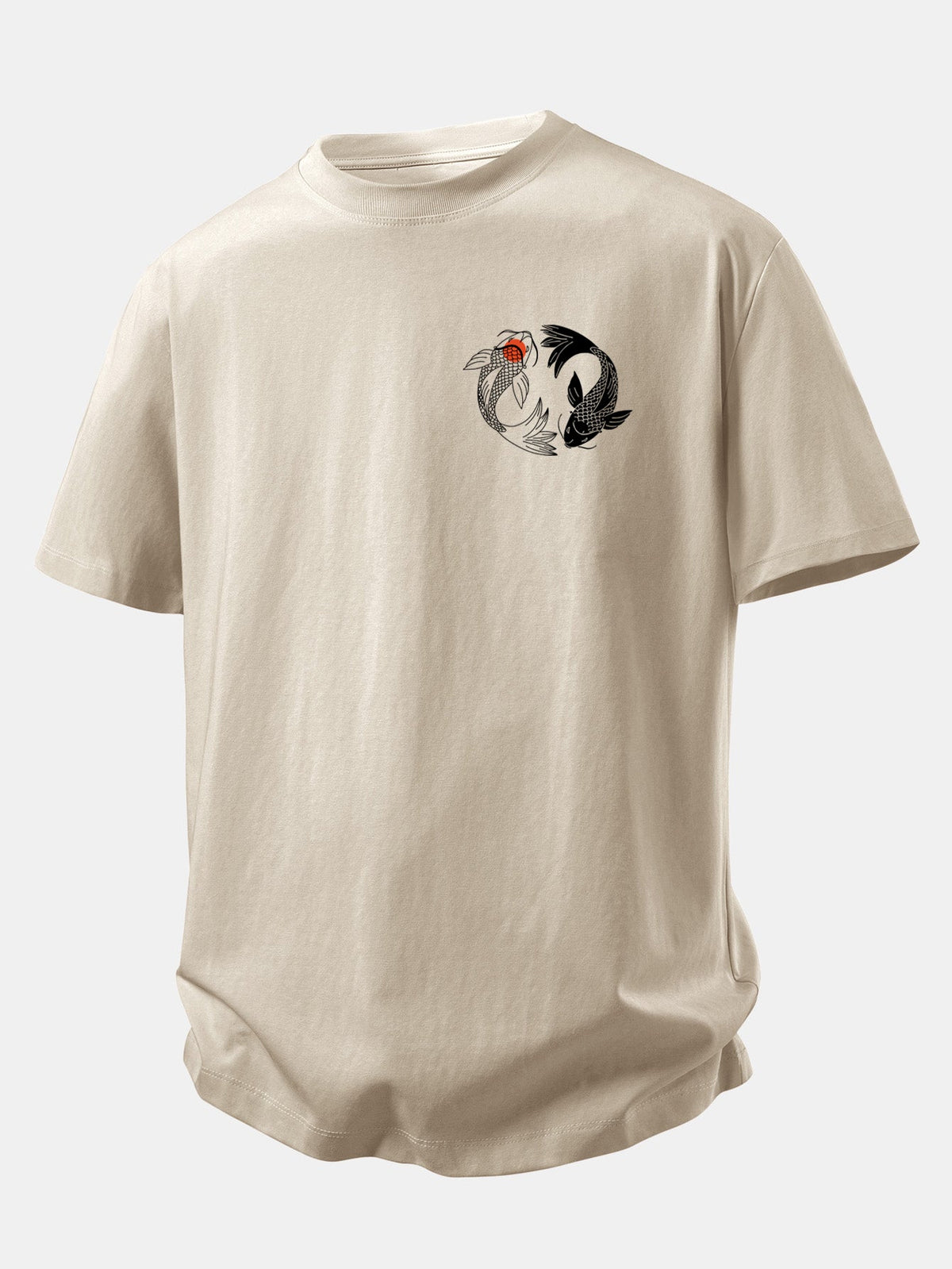 Camiseta de algodão com estampa japonesa de carpas koi e caimento confortável