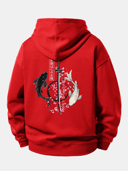 Moletom de caimento confortável com estampa de samurai japonês, katana, carpas koi e sakura