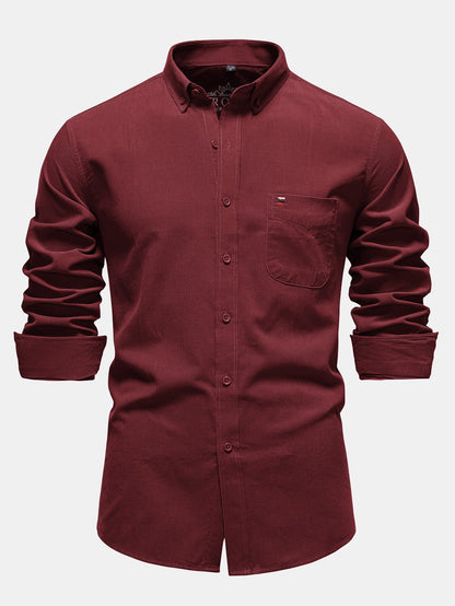 Camisa de veludo cotelê de algodão, de manga longa e com botões na frente