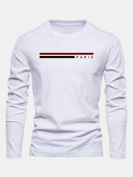 Camiseta de algodão com mangas longas, listras e estampa de Paris