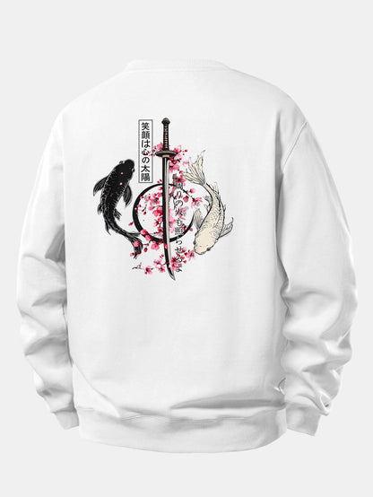 Moletom de modelagem confortável com estampa de samurai japonês, katana, peixe koi e sakura