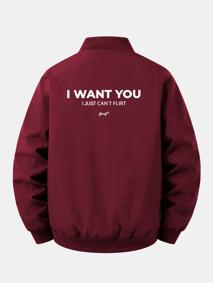 Jaqueta bomber com zíper, modelagem confortável e estampa "I Want You Back"