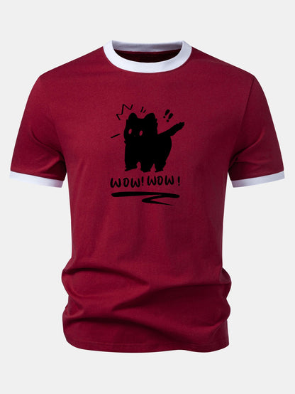 Camiseta com estampa de gato assustado, gola e mangas contrastantes