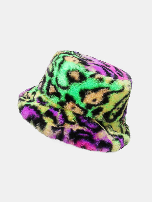 Chapéu Bucket de Pelo Sintético com Estampa Colorida de Leopardo