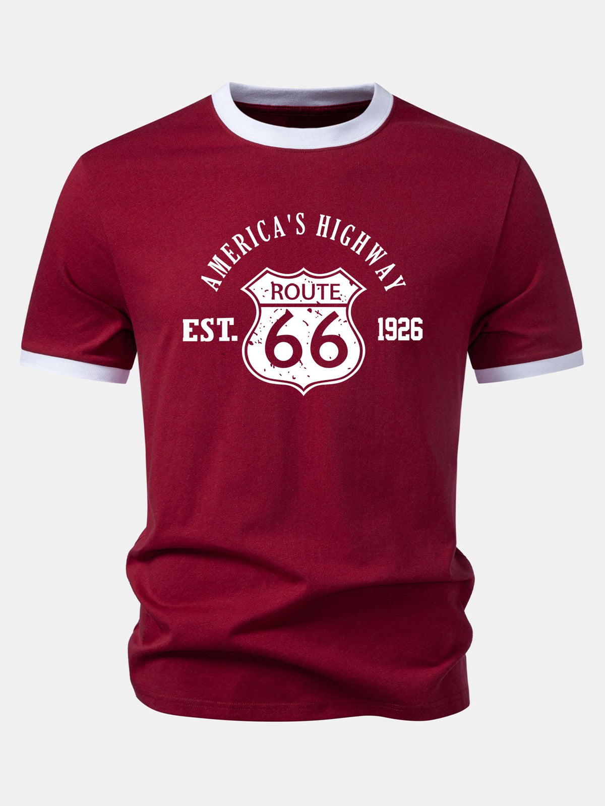 Camiseta Vintage Route 66 America's Highway com Estampa e Detalhe Contrastante