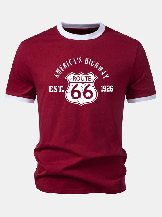 Camiseta Vintage Route 66 America's Highway com Estampa e Detalhe Contrastante