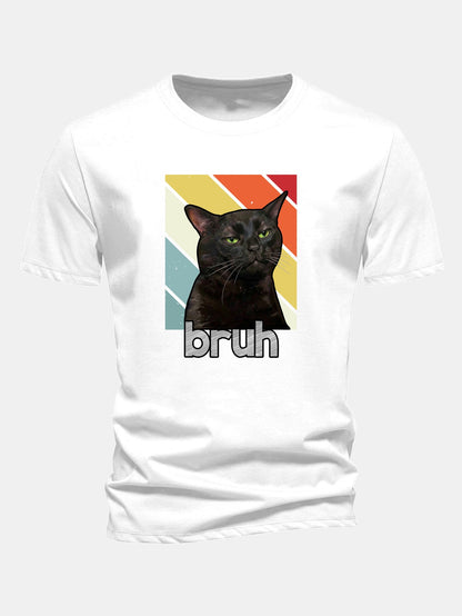 Camiseta de algodão preta com estampa de gato, corte regular, Bruh