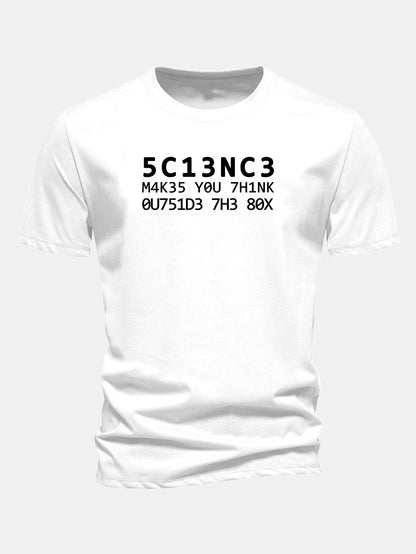 Camiseta de algodão com modelagem regular, estampa de citação científica em leetspeak