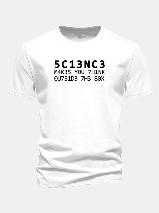Camiseta de algodão com modelagem regular, estampa de citação científica em leetspeak