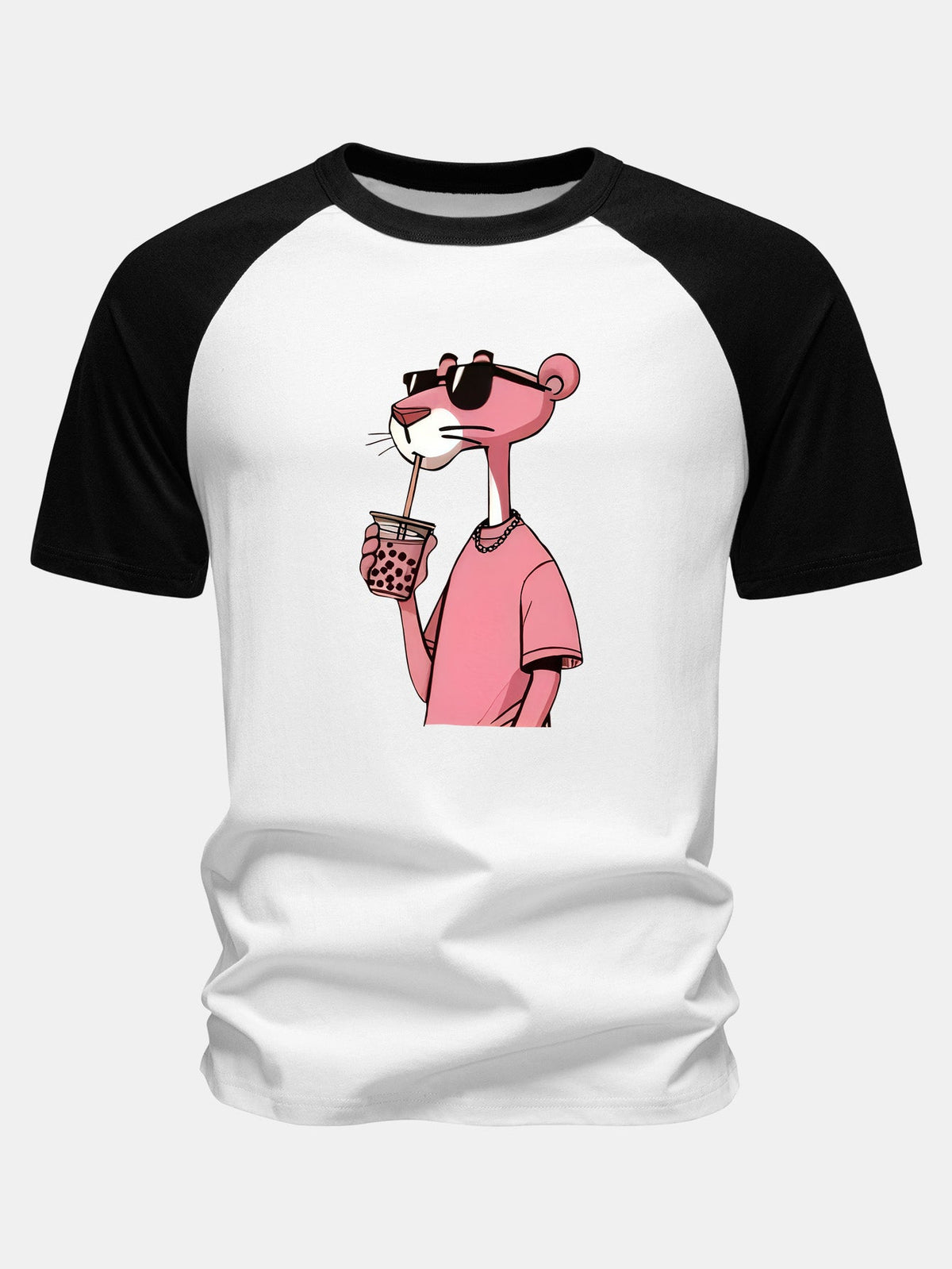 Camiseta de Algodão com Estampa da Pantera Cor-de-Rosa e Mangas Raglan