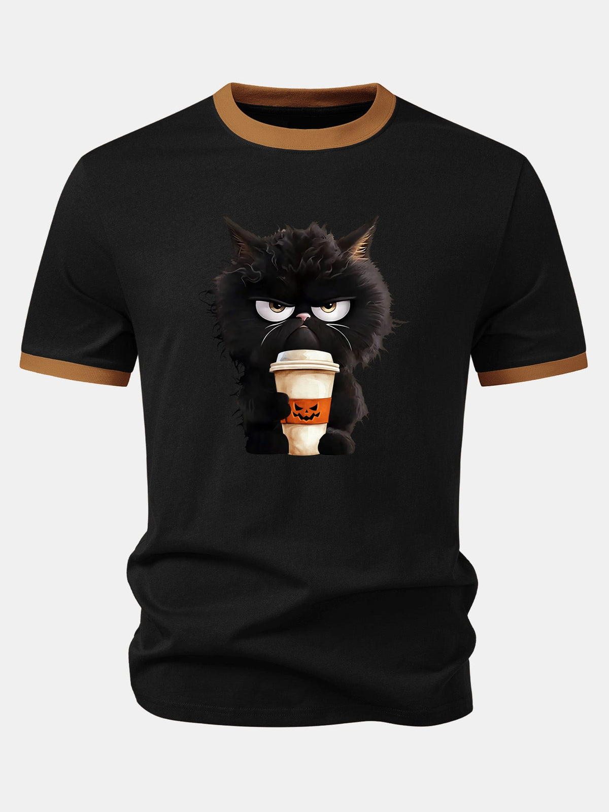 Camiseta Ringer Contrastante com Estampa de Gato Preto, Café e Halloween
