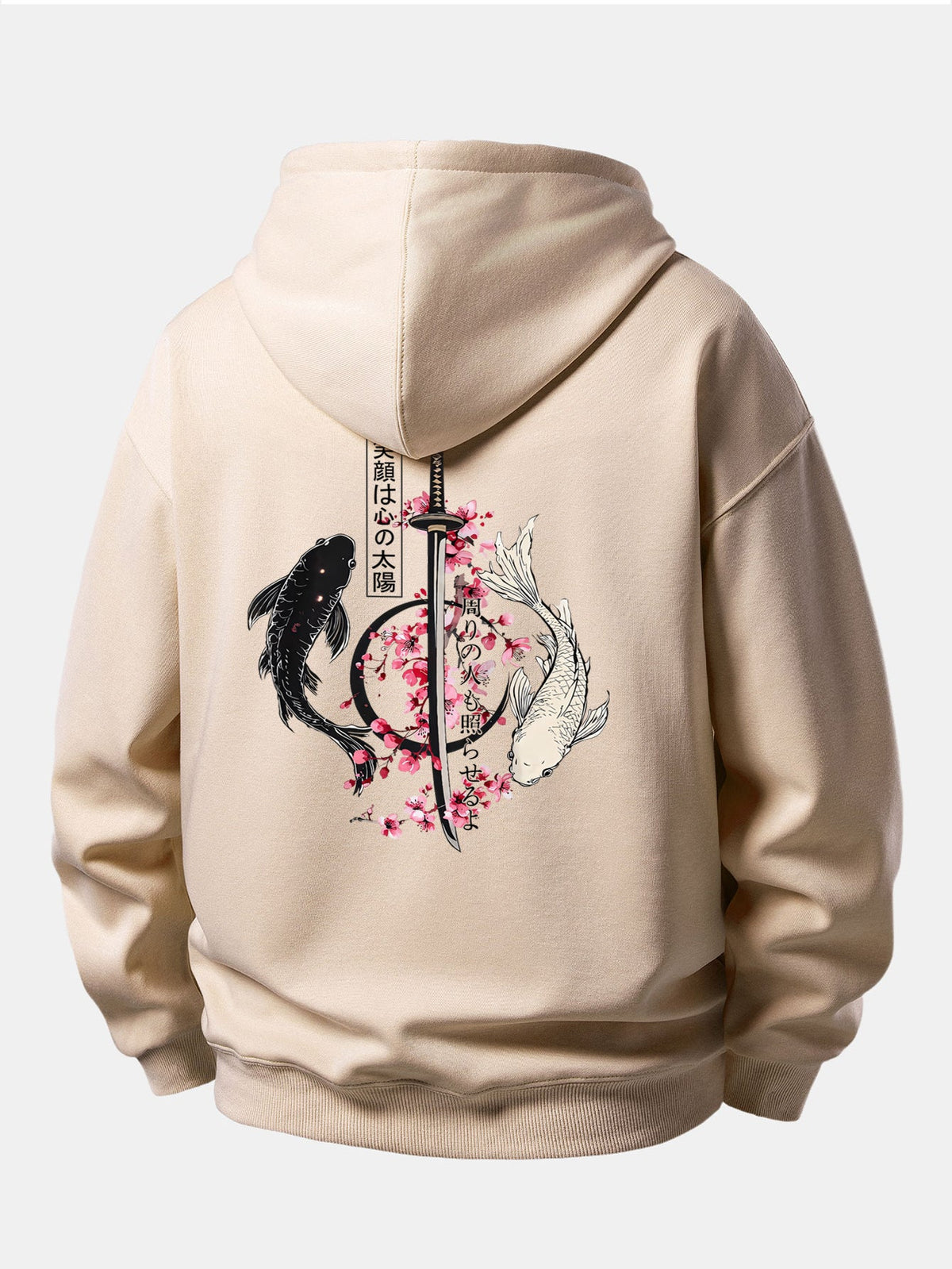 Moletom de caimento confortável com estampa de samurai japonês, katana, carpas koi e sakura