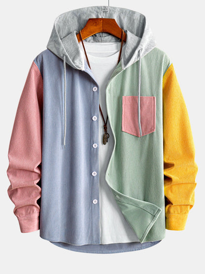 Camisa de veludo cotelê com capuz e blocos de cores