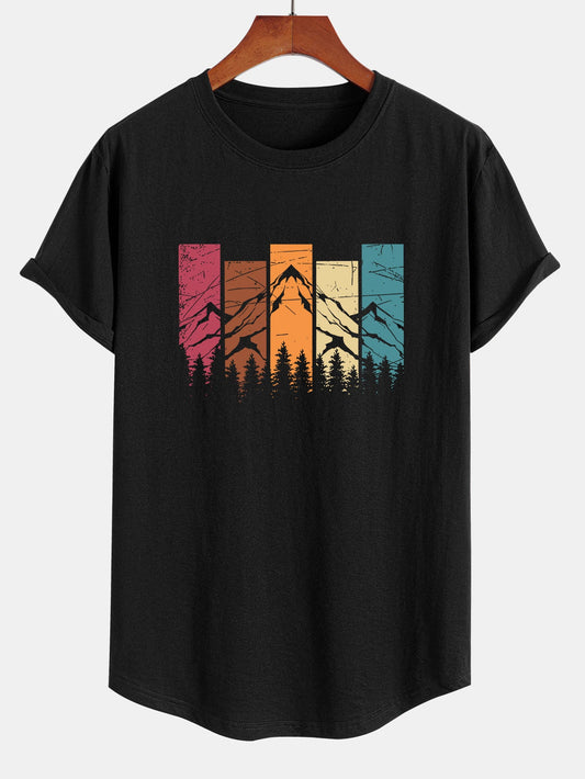 Camiseta de Algodão com Estampa Colorida de Montanha e Barra Curvada