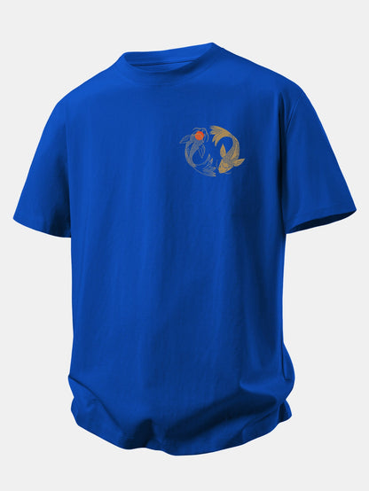 Camiseta de algodão com estampa japonesa de carpas koi e caimento confortável
