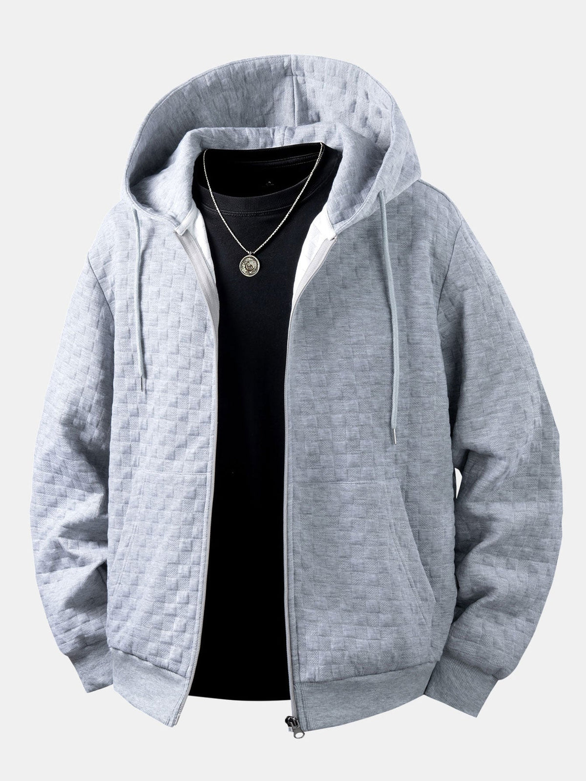 Jaqueta jacquard xadrez com capuz e zíper, corte amplo