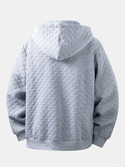 Jaqueta jacquard xadrez com capuz e zíper, corte amplo