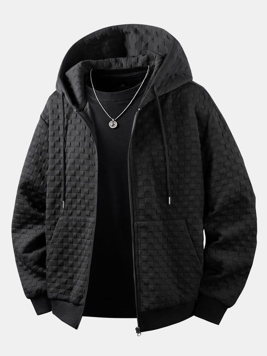 Jaqueta jacquard xadrez com capuz e zíper, corte amplo