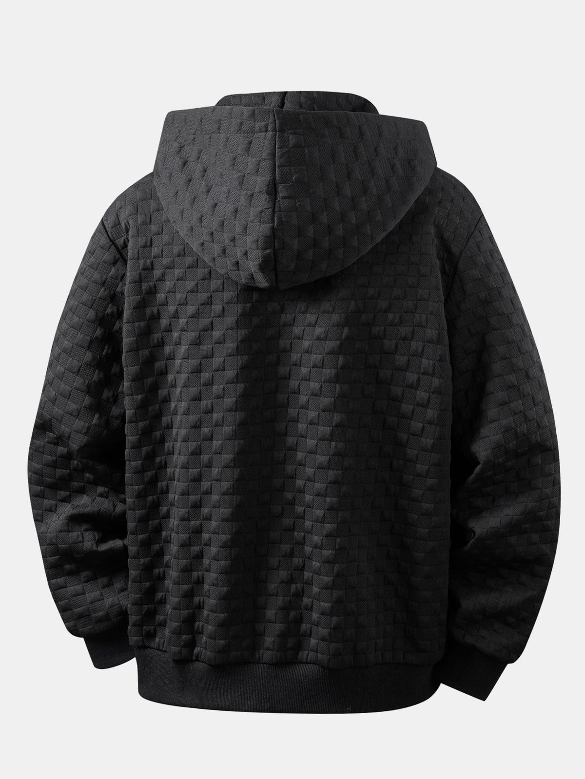 Jaqueta jacquard xadrez com capuz e zíper, corte amplo