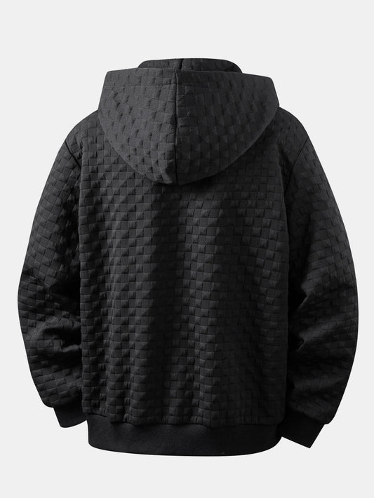 Jaqueta jacquard xadrez com capuz e zíper, corte amplo