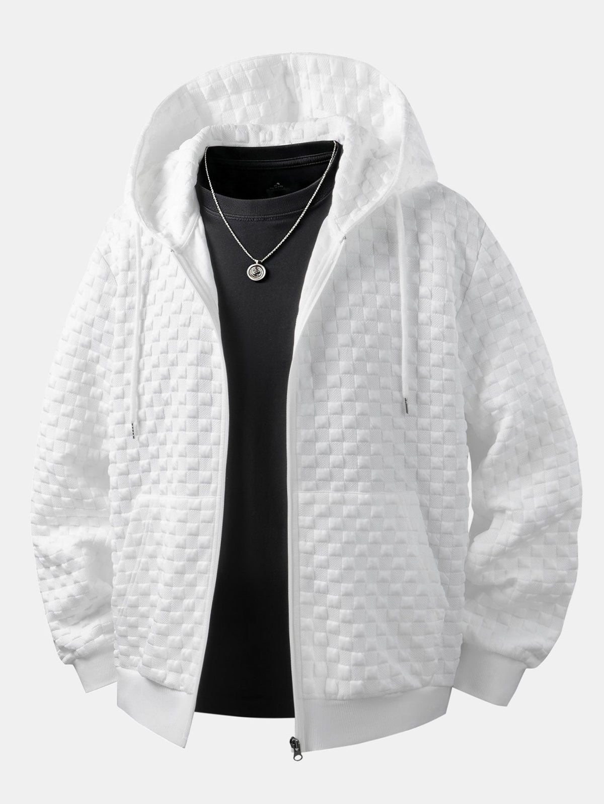 Jaqueta jacquard xadrez com capuz e zíper, corte amplo