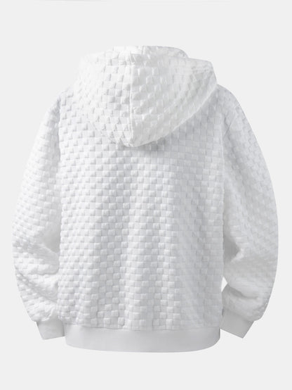 Jaqueta jacquard xadrez com capuz e zíper, corte amplo