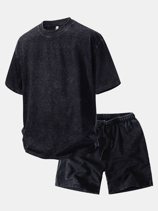 Camiseta Oversized com Ombro Caído e Efeito Desgastado Lavado & Shorts com Cordão