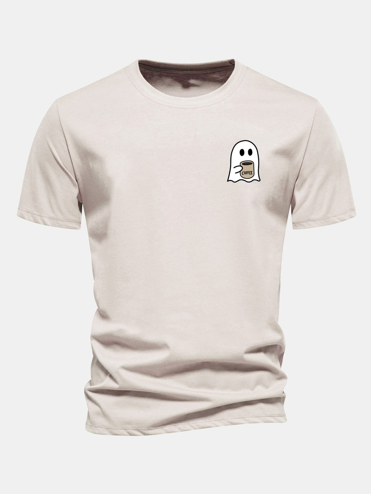 Camiseta de algodão com estampa de fantasma tomando café e caimento regular