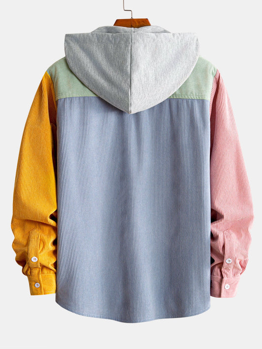 Camisa de veludo cotelê com capuz e blocos de cores