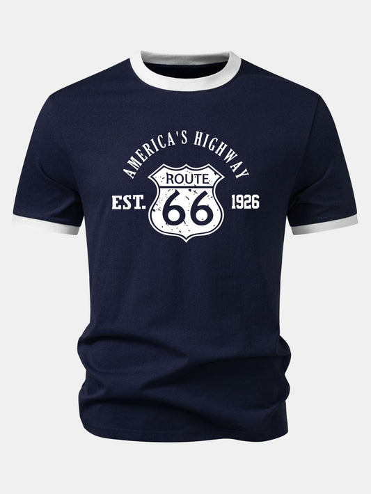 Camiseta Vintage Route 66 America's Highway com Estampa e Detalhe Contrastante
