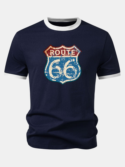 Camiseta Vintage com Estampa da Rota 66 dos EUA e Detalhe Contrastante no Gola e Mangas