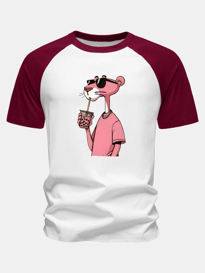 Camiseta de Algodão com Estampa da Pantera Cor-de-Rosa e Mangas Raglan