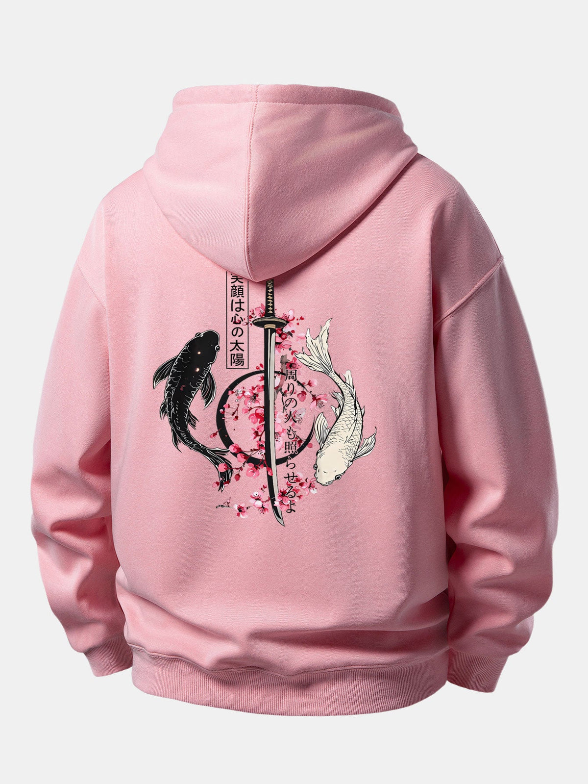 Moletom de caimento confortável com estampa de samurai japonês, katana, carpas koi e sakura