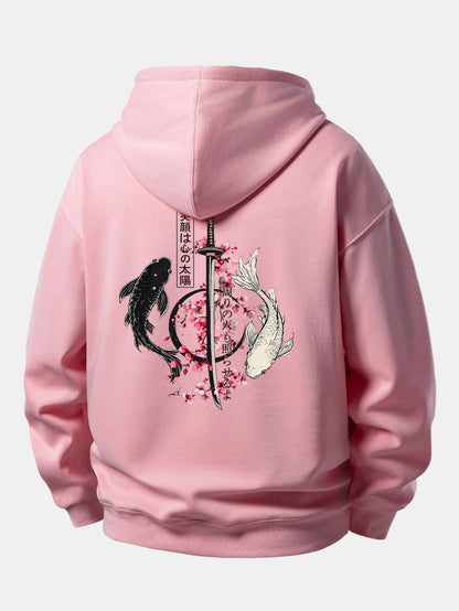 Moletom de caimento confortável com estampa de samurai japonês, katana, carpas koi e sakura