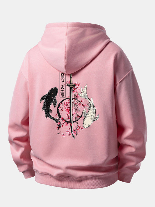 Moletom de caimento confortável com estampa de samurai japonês, katana, carpas koi e sakura