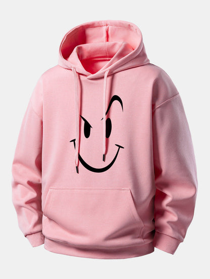 Moletom com capuz e estampa de carinha sorridente, modelagem confortável