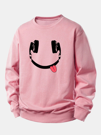 Moletom de caimento confortável com estampa de carinha sorridente usando fones de ouvido