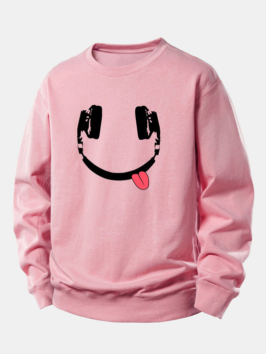 Moletom de caimento confortável com estampa de carinha sorridente usando fones de ouvido