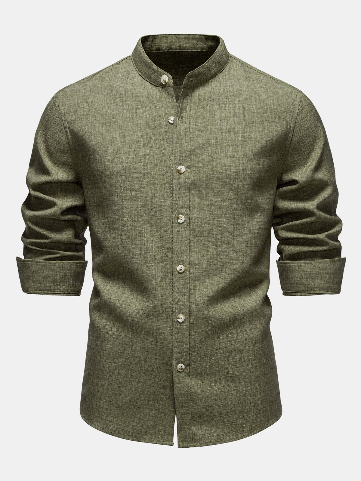 Camisa de manga longa com gola padre e aparência de linho