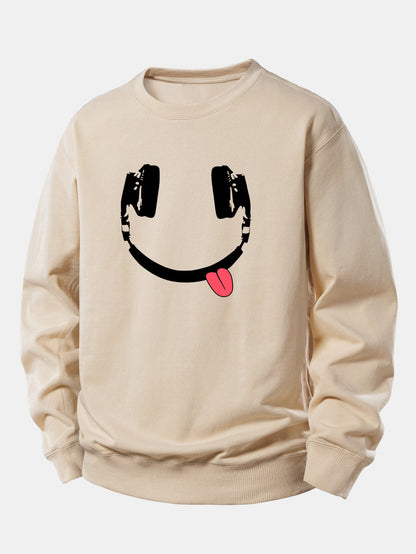Moletom de caimento confortável com estampa de carinha sorridente usando fones de ouvido