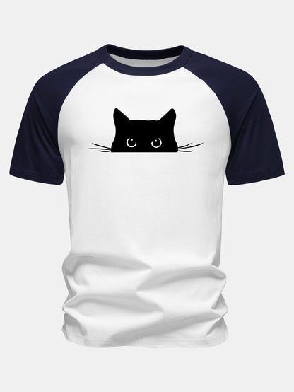 Camiseta de algodão com mangas raglã e estampa de gato preto