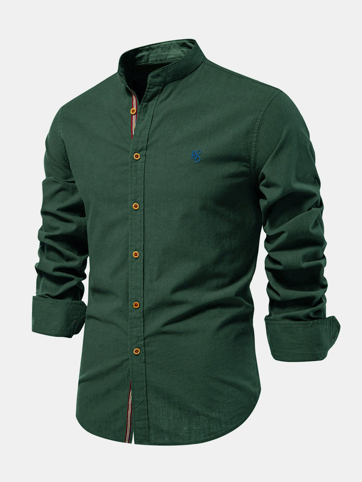 Camisa de manga longa com gola padre e aparência de linho