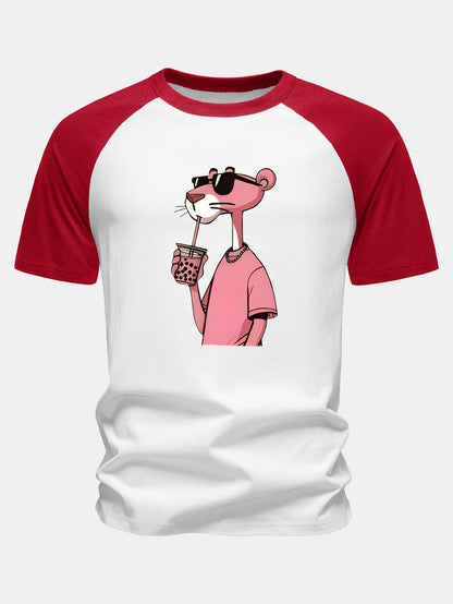 Camiseta de Algodão com Estampa da Pantera Cor-de-Rosa e Mangas Raglan